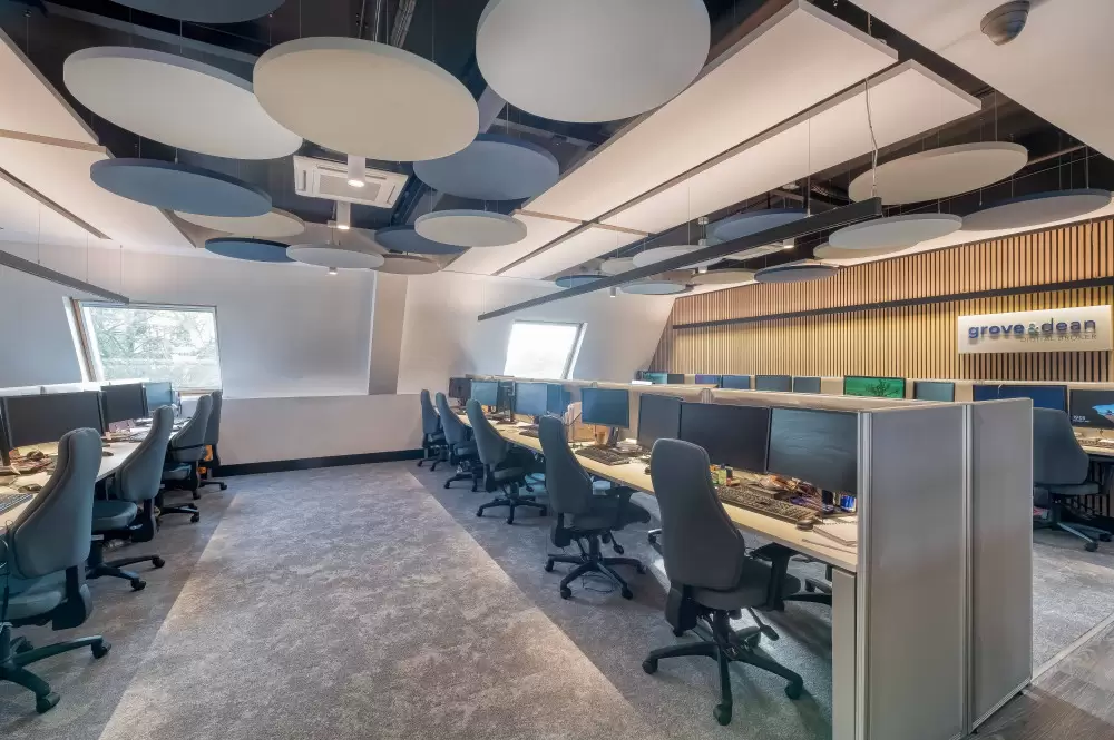 Photo of call centre workplace interior with modern lighting fixtures and neutral contemporary design