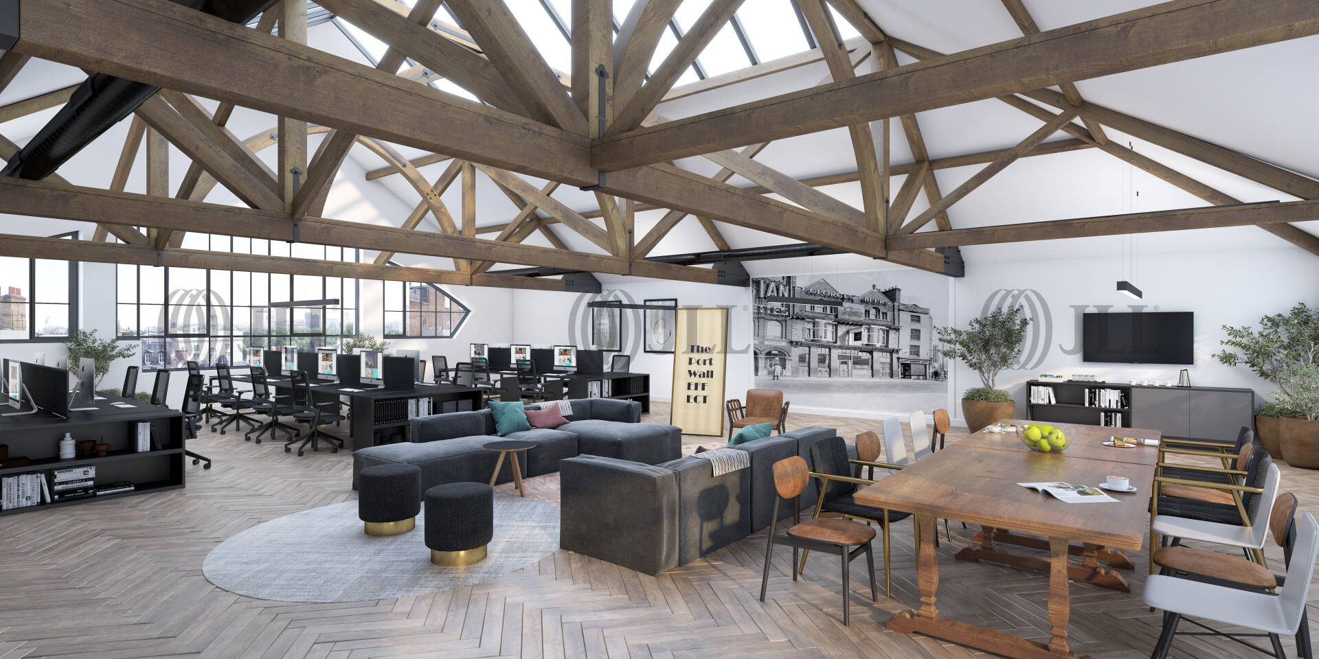 Photo of portwall lofts industrial office space with exposed wooden ceiling beams and contemporary workspace design
